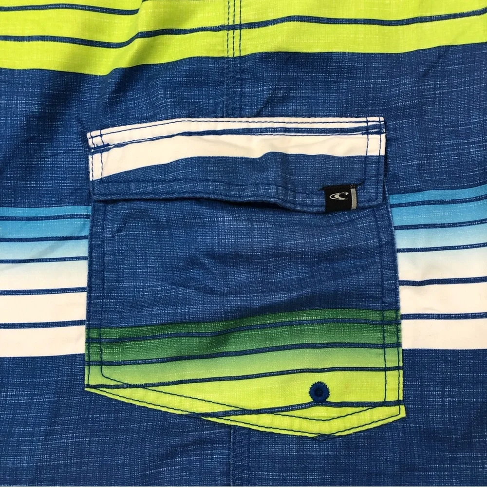 O’Neill Surf Blue Green White Striped Pool Board Shorts Swim Trunks Mens Size 34